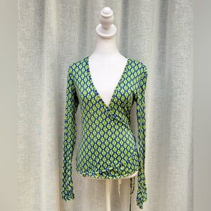 Herion Italy stretch cotton blue and green wrapped long sleeve top